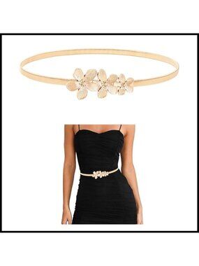 Gold Metal Stretch Skinny Belt Elegant Classic Knot Buckle Adjustable Waistband